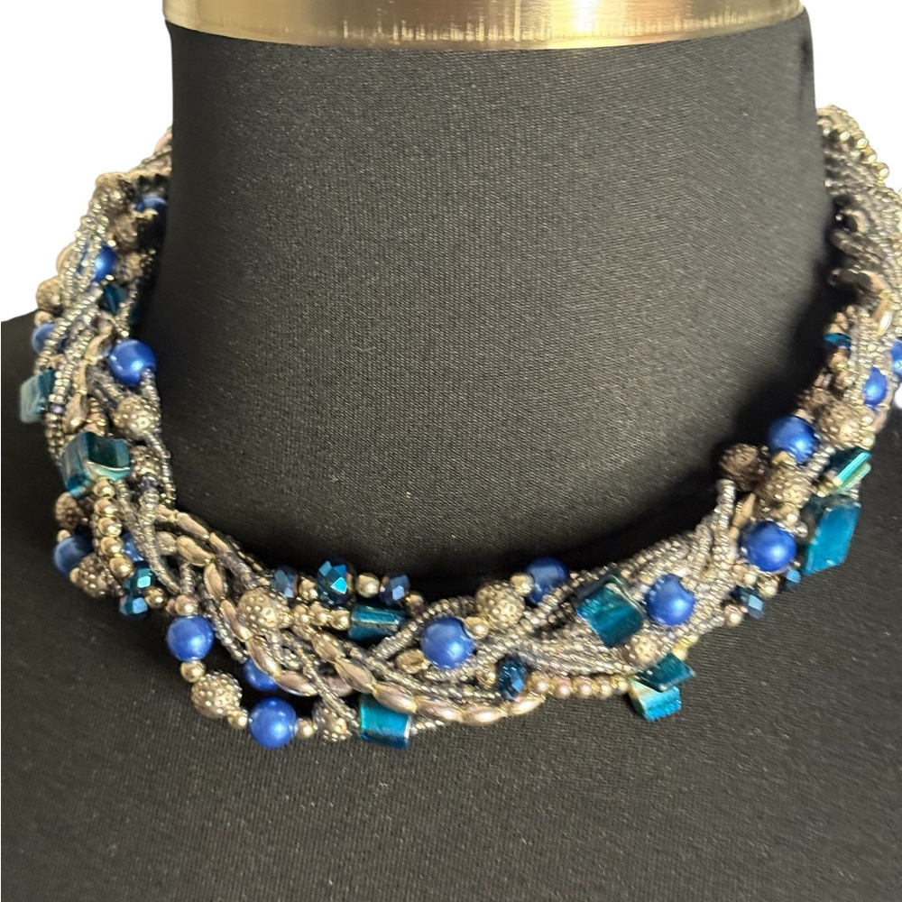 VTG Statement Necklace Blue and Silver Beaded multi Strand Princess style 16”